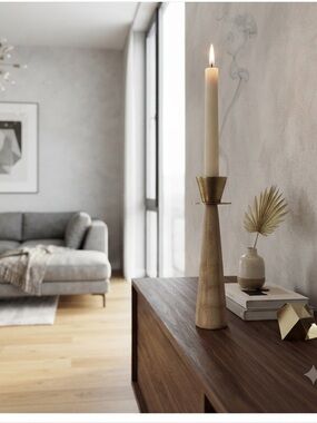 "Elizabella Natural Wood Tapered Brass Candlestick Holder" by Shiraleah
